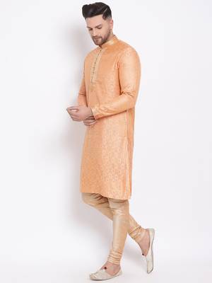 Men's Art Silk Woven Pattern Tender Peach Colour Straight Kurta With Payjama 2