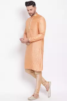 Men's Art Silk Woven Pattern Tender Peach Colour Straight Kurta With Payjama