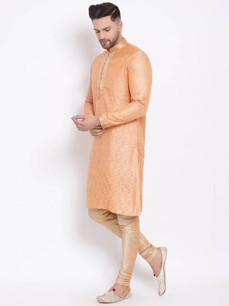 Men's Art Silk Woven Pattern Tender Peach Colour Straight Kurta With Payjama