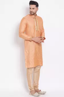 Men's Art Silk Woven Pattern Tender Peach Colour Straight Kurta With Payjama