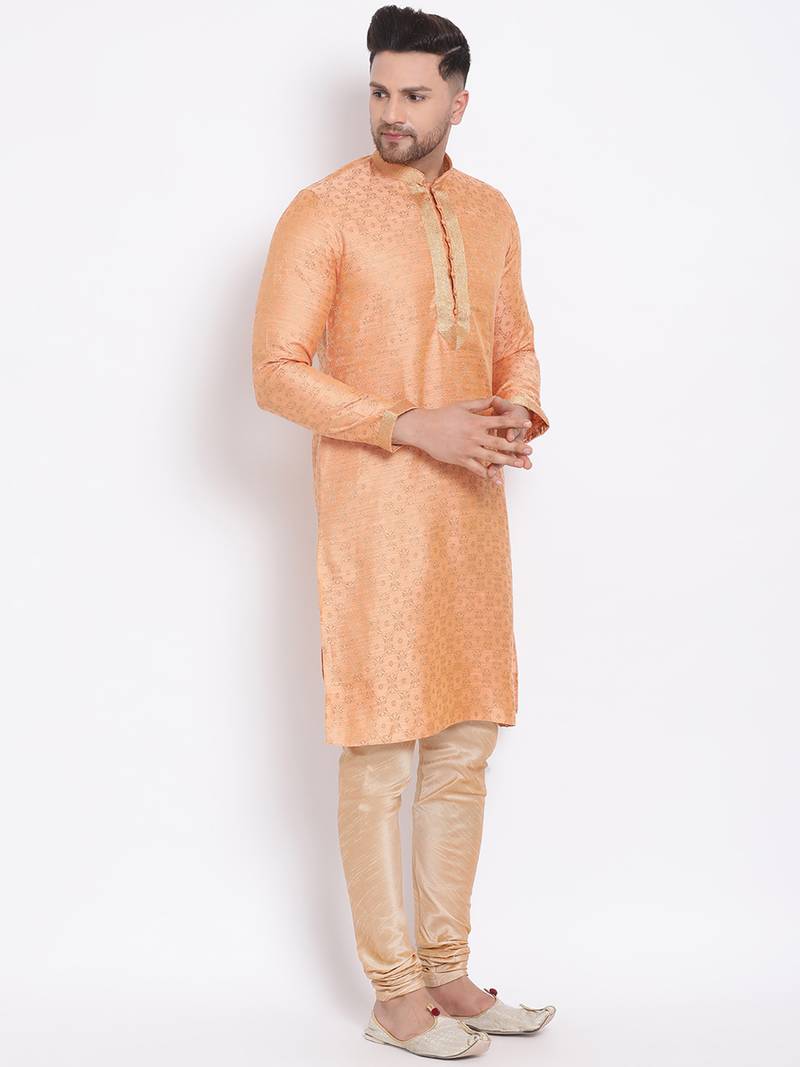 Men's Art Silk Woven Pattern Tender Peach Colour Straight Kurta With Payjama