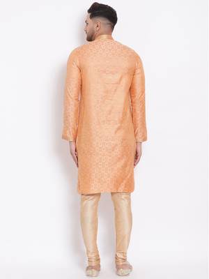 Men's Art Silk Woven Pattern Tender Peach Colour Straight Kurta With Payjama 4