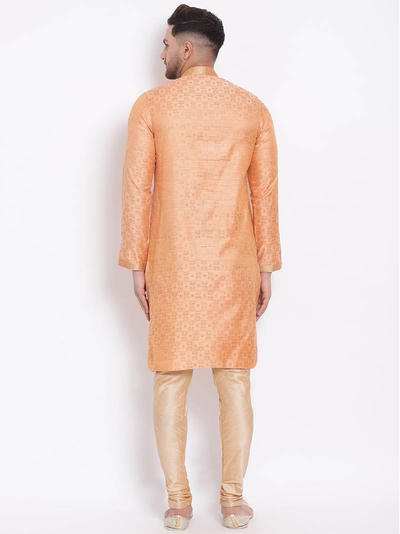 Men's Art Silk Woven Pattern Tender Peach Colour Straight Kurta With Payjama