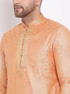 Men's Art Silk Woven Pattern Tender Peach Colour Straight Kurta With Payjama 5