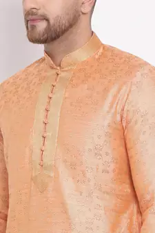 Men's Art Silk Woven Pattern Tender Peach Colour Straight Kurta With Payjama