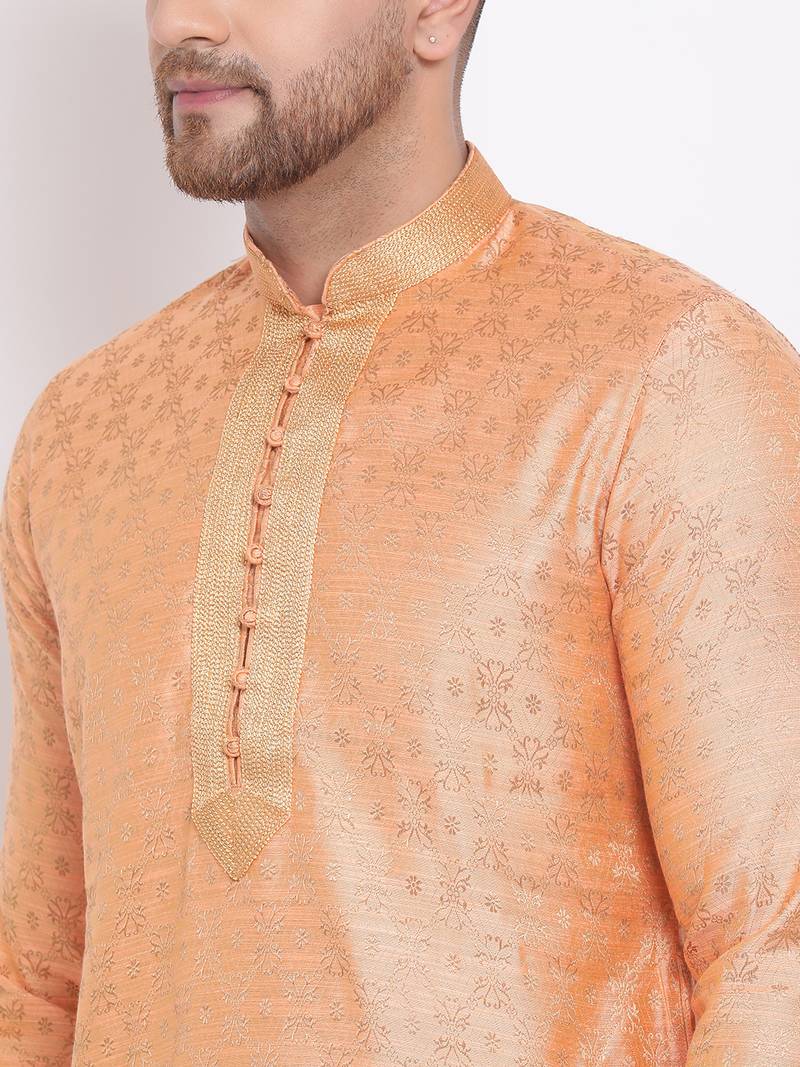 Men's Art Silk Woven Pattern Tender Peach Colour Straight Kurta With Payjama