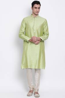 Men Light Green Woven Design Straight Kurta with Pyjama