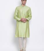 Men Light Green Woven Design Straight Kurta with Pyjama