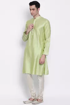 Men Light Green Woven Design Straight Kurta with Pyjama
