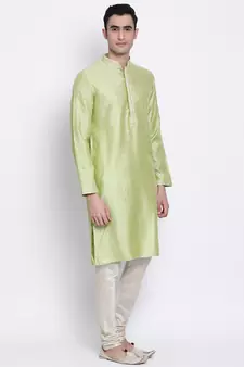 Men Light Green Woven Design Straight Kurta with Pyjama