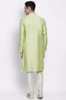 Men Light Green Woven Design Straight Kurta with Pyjama