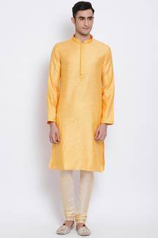 Men Orange & Beige Woven Design Straight Kurta with Pyjama