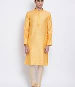 Men Orange & Beige Woven Design Straight Kurta with Pyjama