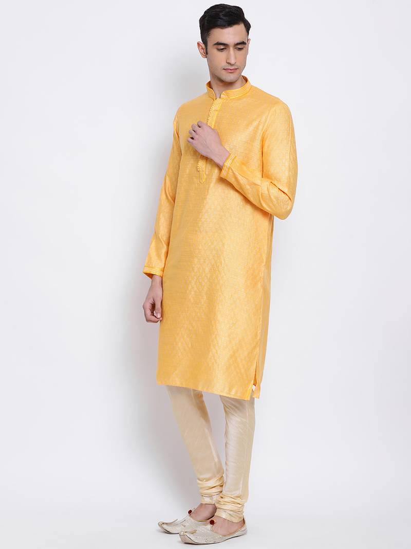 Men Orange & Beige Woven Design Straight Kurta with Pyjama