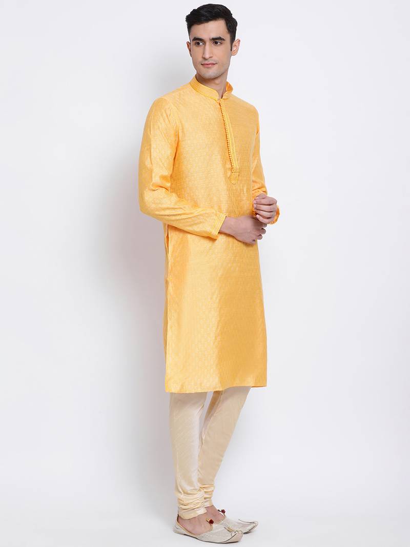 Men Orange & Beige Woven Design Straight Kurta with Pyjama