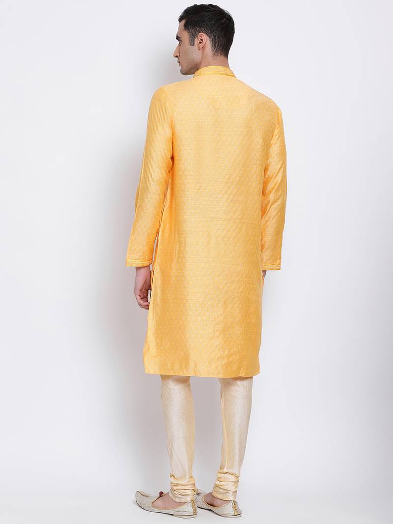 Men Orange & Beige Woven Design Straight Kurta with Pyjama