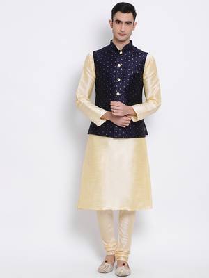Men's Beige plain Kurta with Blue Nehru Jacket and Beige Pyjama Set 1
