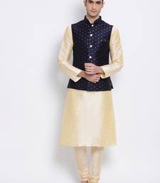 Men's Beige plain Kurta with Blue Nehru Jacket and Beige Pyjama Set