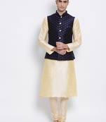 Men's Beige plain Kurta with Blue Nehru Jacket and Beige Pyjama Set