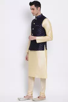 Men's Beige plain Kurta with Blue Nehru Jacket and Beige Pyjama Set