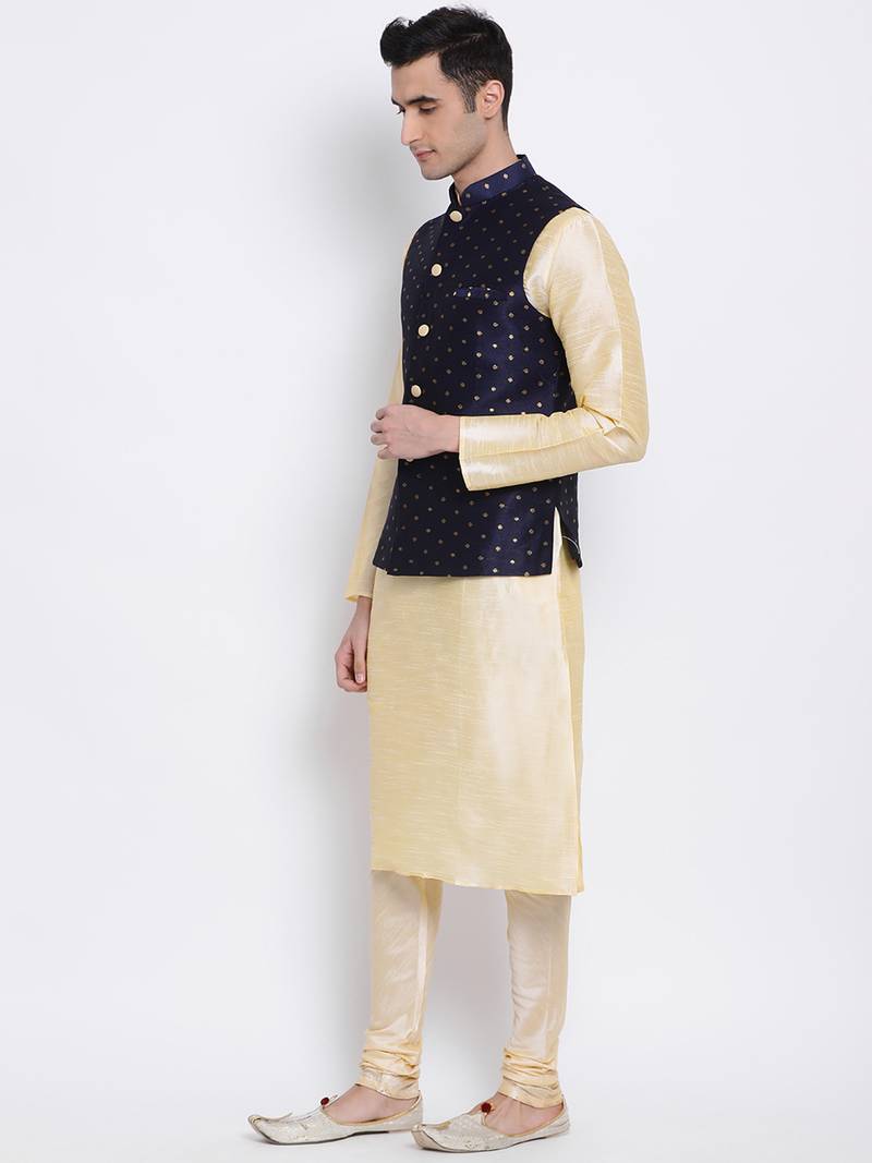 Men's Beige plain Kurta with Blue Nehru Jacket and Beige Pyjama Set