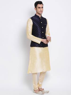 Men's Beige plain Kurta with Blue Nehru Jacket and Beige Pyjama Set 3
