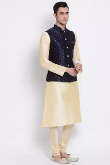 Men's Beige plain Kurta with Blue Nehru Jacket and Beige Pyjama Set