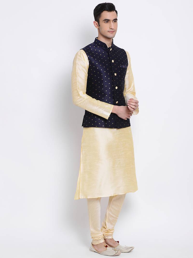 Men's Beige plain Kurta with Blue Nehru Jacket and Beige Pyjama Set
