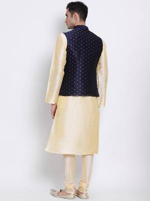 Men's Beige plain Kurta with Blue Nehru Jacket and Beige Pyjama Set 4