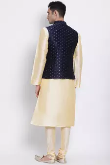 Men's Beige plain Kurta with Blue Nehru Jacket and Beige Pyjama Set