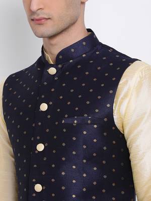 Men's Beige plain Kurta with Blue Nehru Jacket and Beige Pyjama Set 5