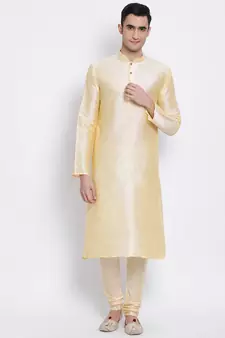 Men's Beige plain Kurta with Blue Nehru Jacket and Beige Pyjama Set