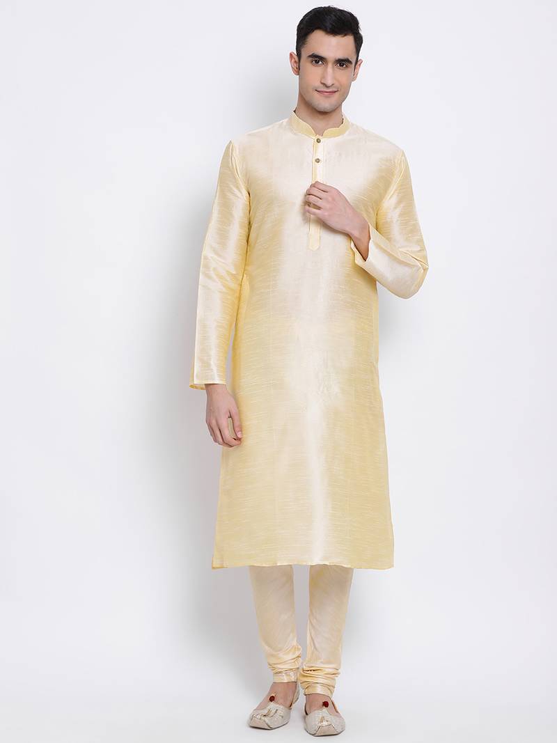 Men's Beige plain Kurta with Blue Nehru Jacket and Beige Pyjama Set