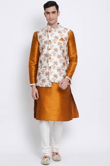 Men's Orange plain Kurta with OFF-White Nehru Jacket and Off White Pyjama Set