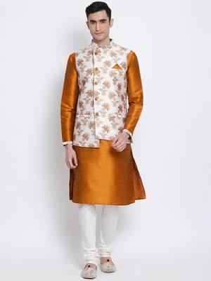 Men's Orange plain Kurta with OFF-White Nehru Jacket and Off White Pyjama Set 1