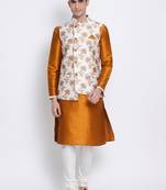 Men's Orange plain Kurta with OFF-White Nehru Jacket and Off White Pyjama Set