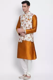 Men's Orange plain Kurta with OFF-White Nehru Jacket and Off White Pyjama Set