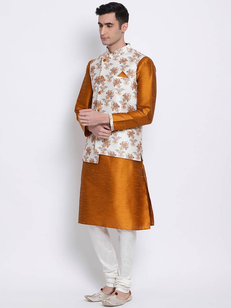Men's Orange plain Kurta with OFF-White Nehru Jacket and Off White Pyjama Set