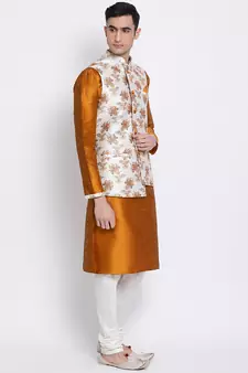Men's Orange plain Kurta with OFF-White Nehru Jacket and Off White Pyjama Set