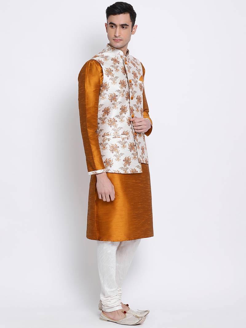 Men's Orange plain Kurta with OFF-White Nehru Jacket and Off White Pyjama Set