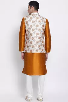 Men's Orange plain Kurta with OFF-White Nehru Jacket and Off White Pyjama Set