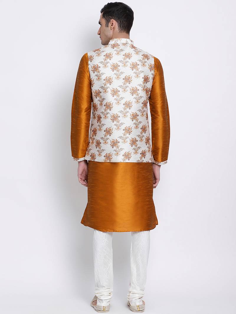 Men's Orange plain Kurta with OFF-White Nehru Jacket and Off White Pyjama Set