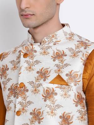 Men's Orange plain Kurta with OFF-White Nehru Jacket and Off White Pyjama Set 5