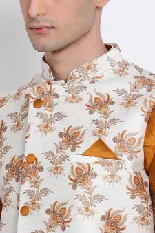 Men's Orange plain Kurta with OFF-White Nehru Jacket and Off White Pyjama Set