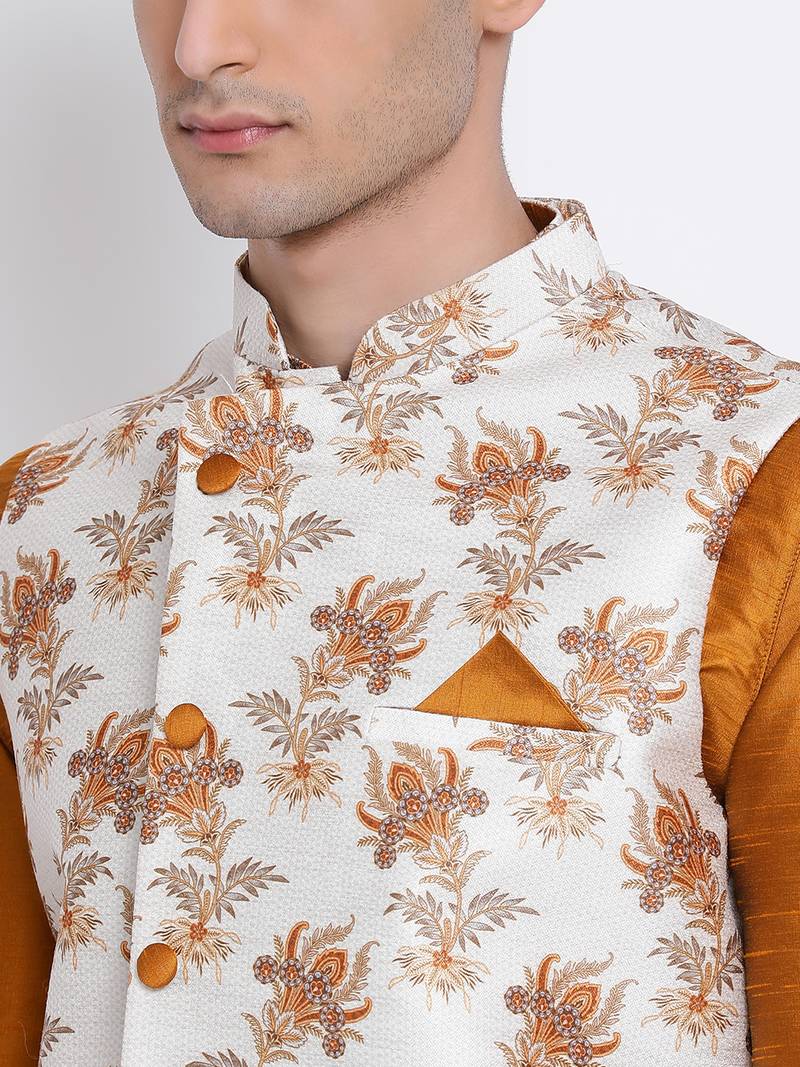 Men's Orange plain Kurta with OFF-White Nehru Jacket and Off White Pyjama Set