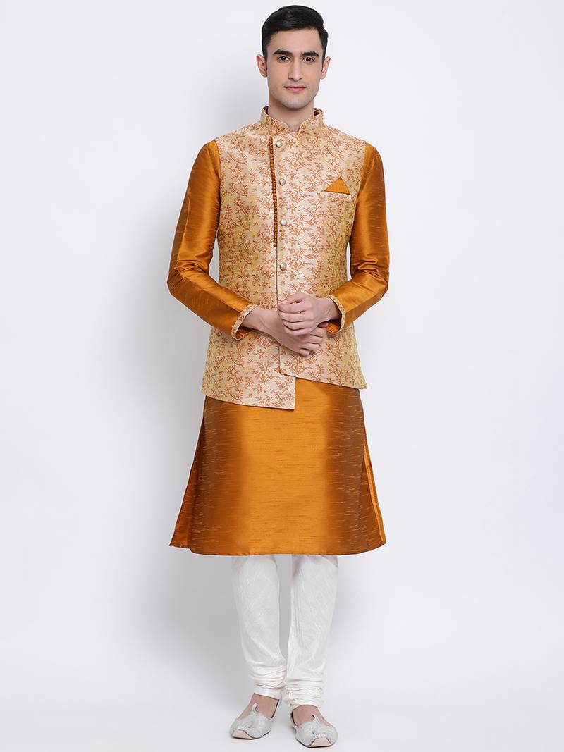 Men's Orange plain Kurta with Orange Nehru Jacket and Off White Pyjama Set