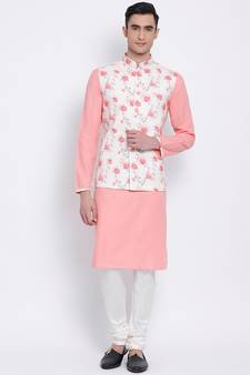 Men's Light Pink plain Kurta with Light Pink Nehru Jacket and White Pyjama Set