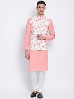Men's Light Pink plain Kurta with Light Pink Nehru Jacket and White Pyjama Set 1