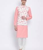 Men's Light Pink plain Kurta with Light Pink Nehru Jacket and White Pyjama Set