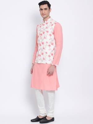Men's Light Pink plain Kurta with Light Pink Nehru Jacket and White Pyjama Set 2